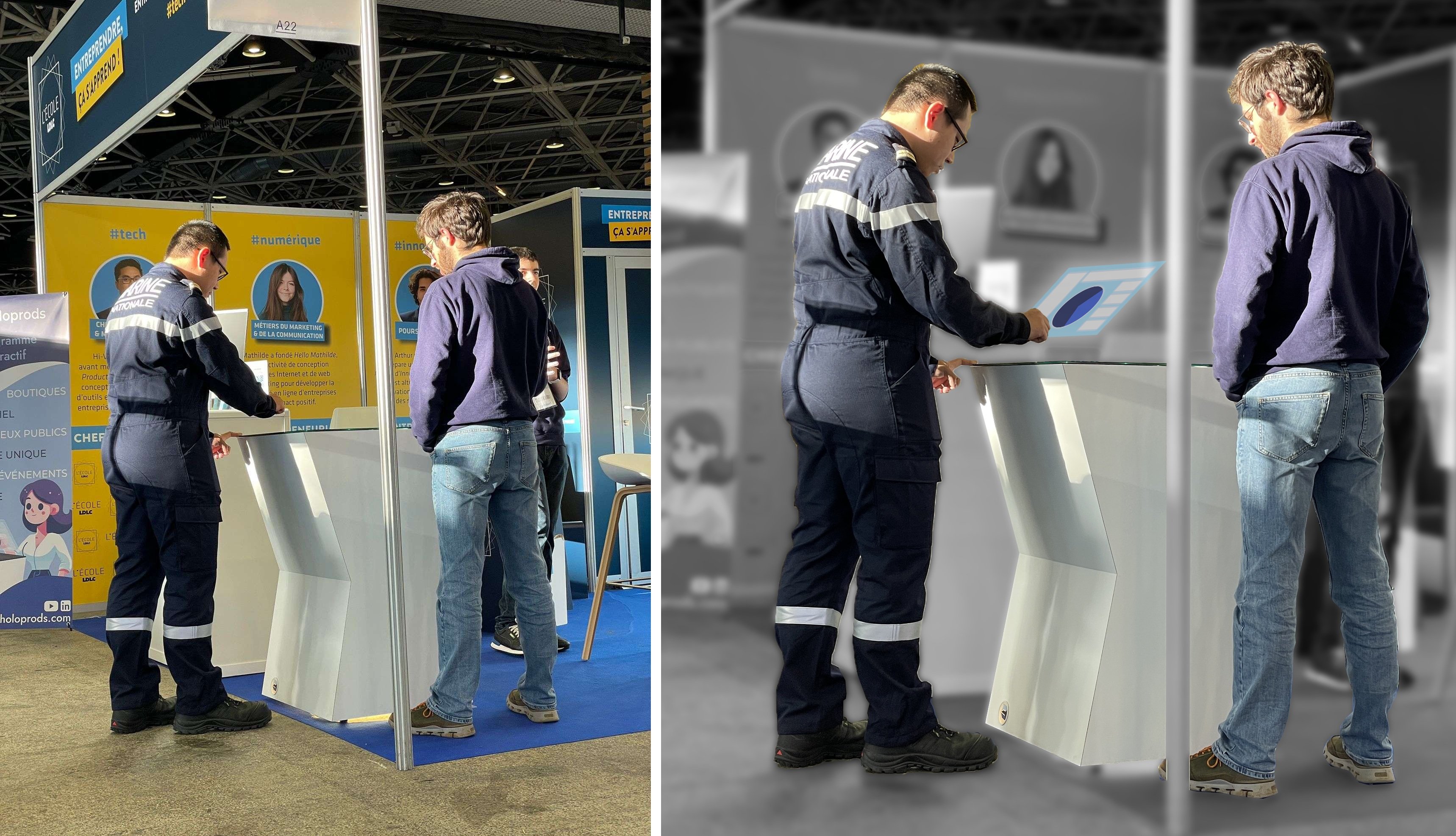 À gauche, ce que l'on voit à distance ; à droite, la perception de l'utilisateur lorsqu'il est face à la borne © Holoprods