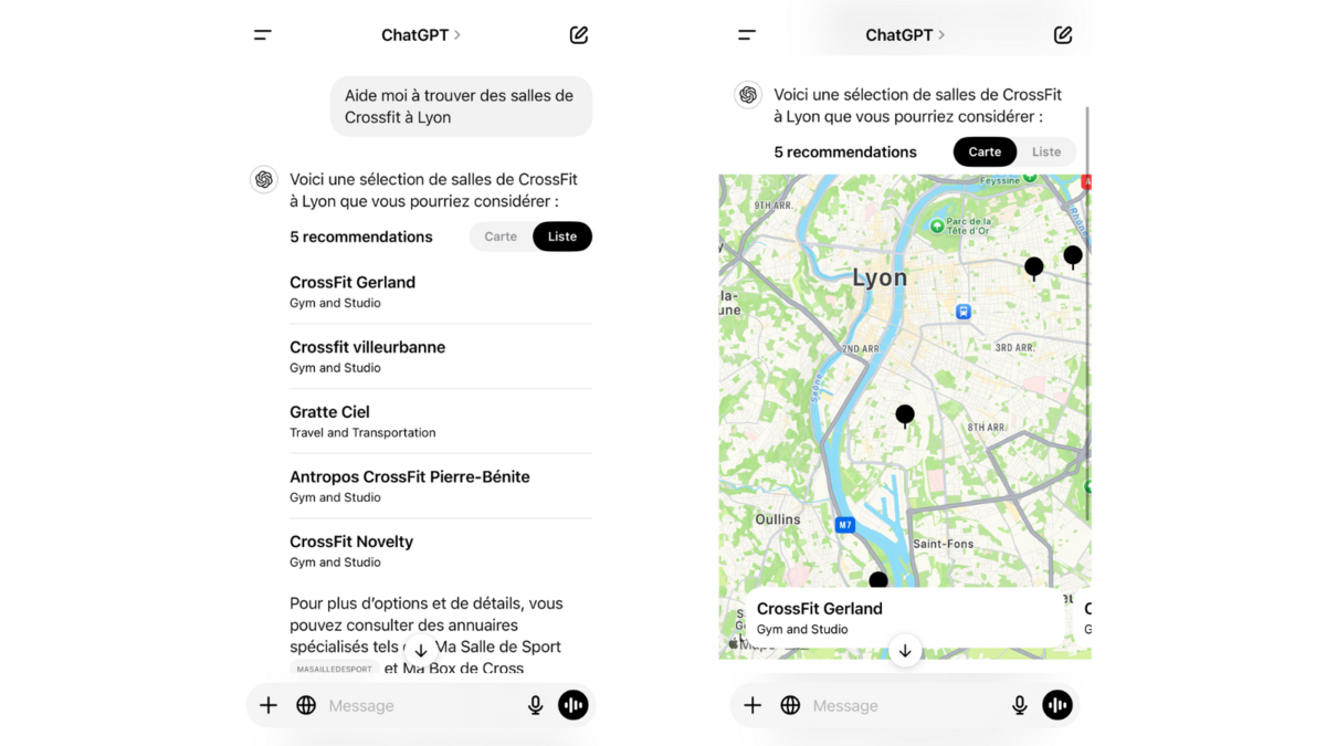 Trouver une salle de Crossfit sur Lyon avec ChatGPT et son intégration à Plans. © Naïm BADA pour Clubic