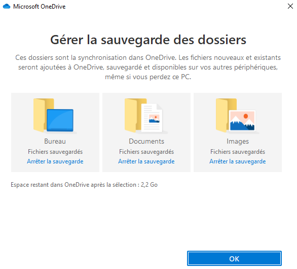 Configuration de la sauvegarde OneDrive