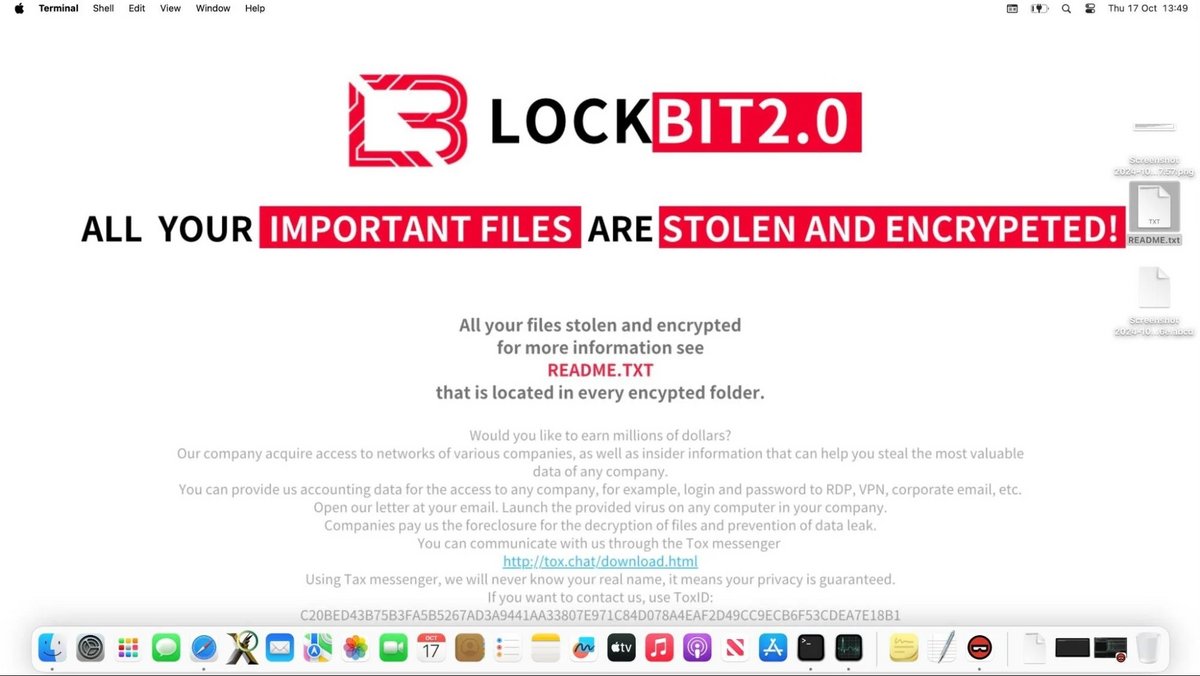 Après avoir chiffré les fichiers, NotLockBit remplace aussi le fond d'écran macOS pour prévenir les vicimes de l'attaque © SentinelOne