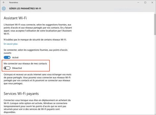 Réglage pour désactiver la connexion aux réseaux Wi-Fi de ses contacts