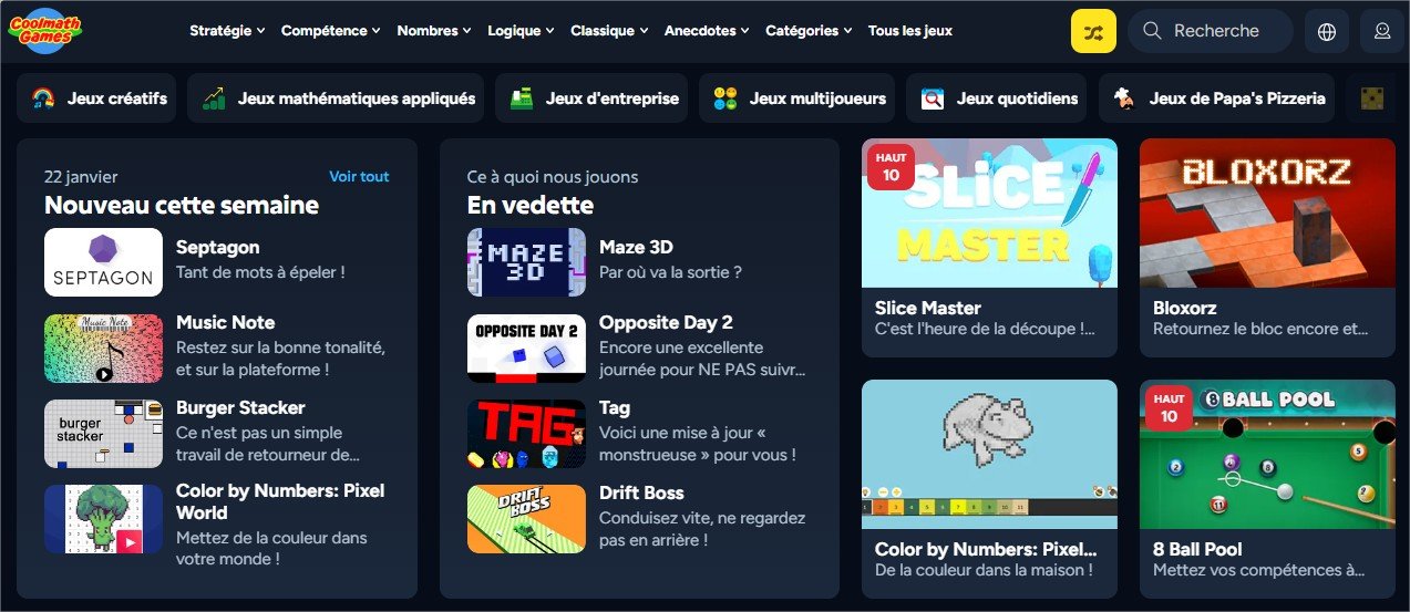La plateforme propose une large sélection de jeux accessibles (logique, maths, réflexion, fun), faciles à prendre en main et adaptés à tous les âges - © Cool Math Games