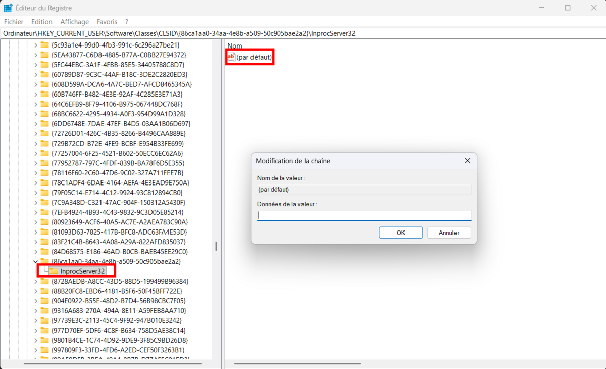 Dans la clé fraîchement créée, ajoutez une nouvelle clé "InprocServer32". Ne modifiez pas la valeur (par défaut) qui doit rester vide. © Clubic