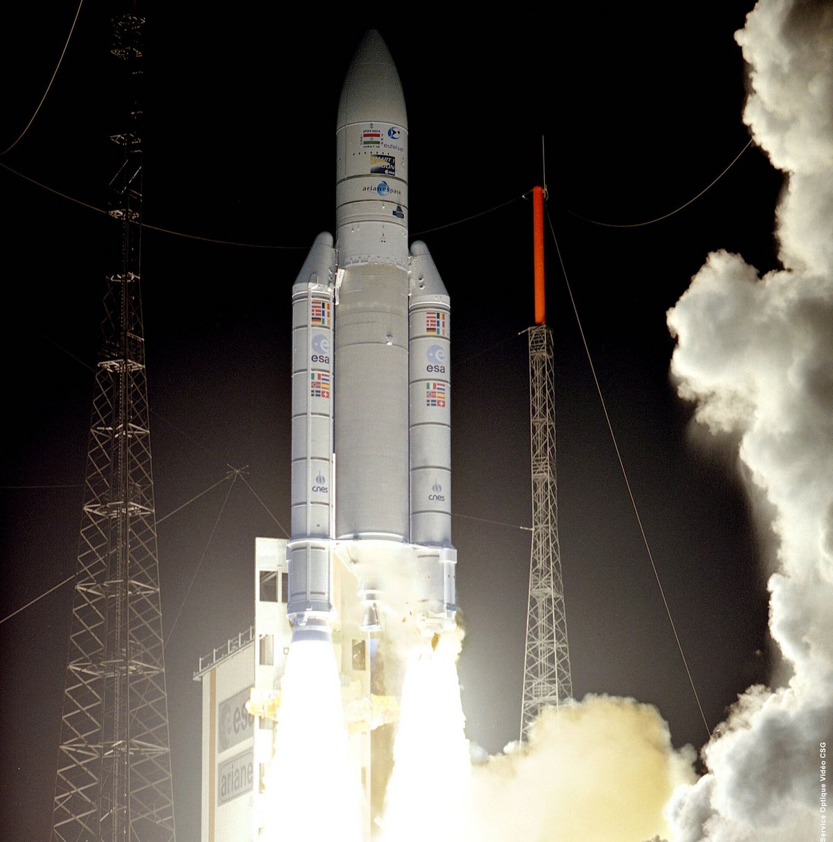 Lancement d'une Ariane 5 G en 2003. Un petit nombre de G+ et de GS ont permis par la suite d'assurer la transition, le temps de résoudre les problèmes ayant causés la perte de la première Ariane 5 ECA. © ESA / CNES / Arianespace 