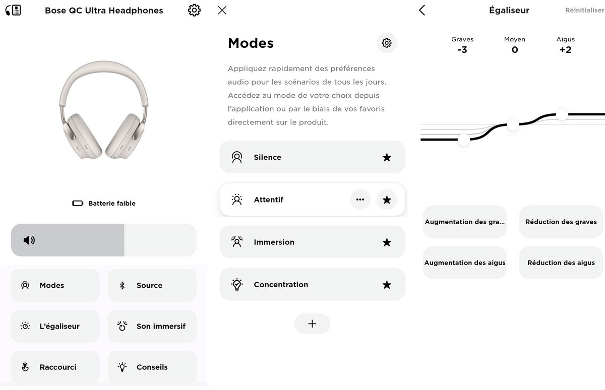 Très intuitif, Bose Music offre de vrais plus ergonomiques, comme une prise en charge de différents réglages de réduction de bruit, ou encore une fonction de raccourci pour la zone tactile