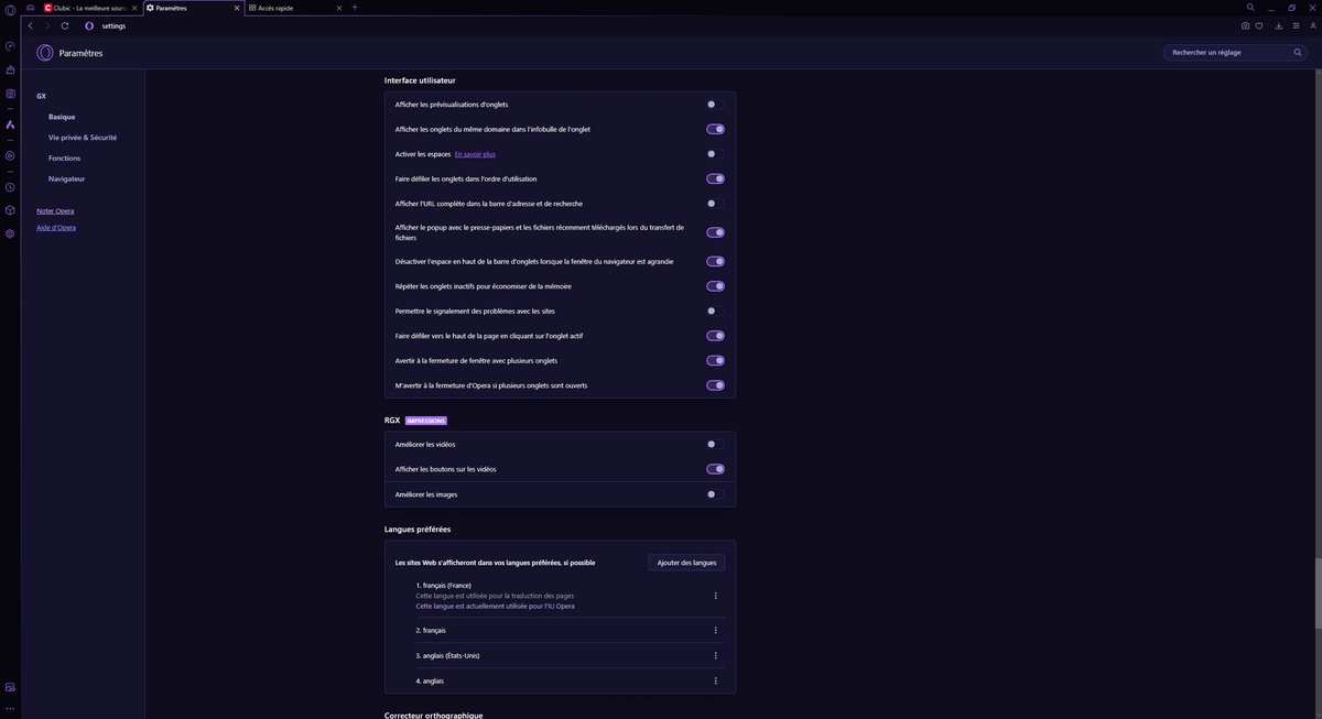 Opera GX - Certains des paramètres pour régler l'interface à son goût