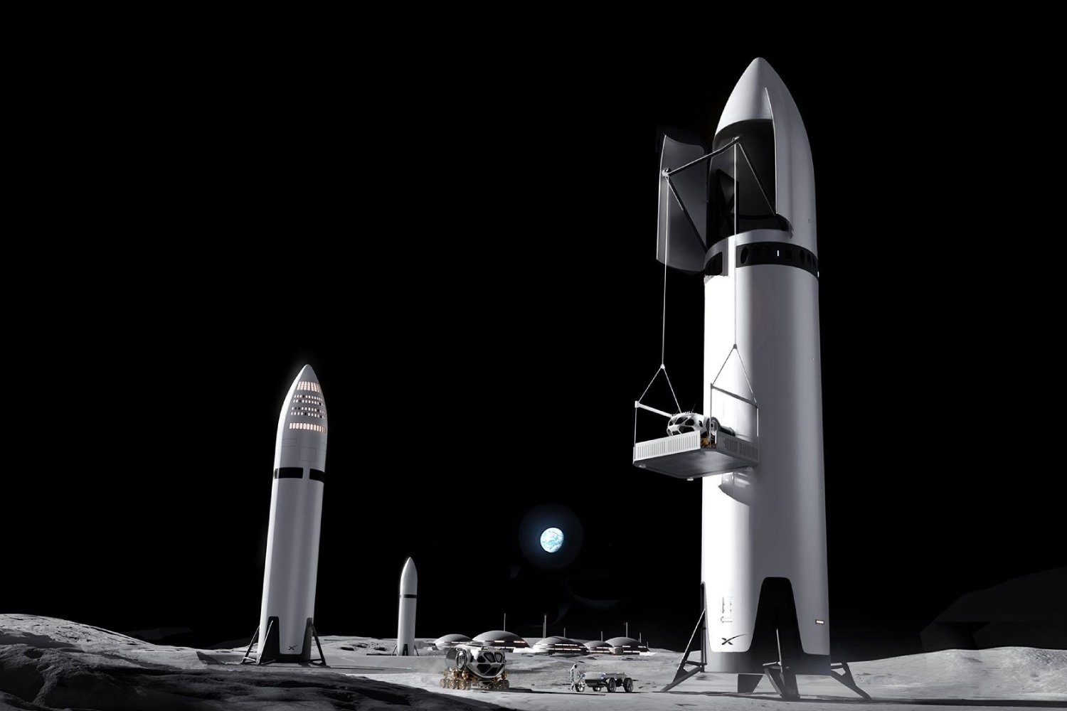 Illustration de trois Human Landing System posés sur la Lune. ©SpaceX