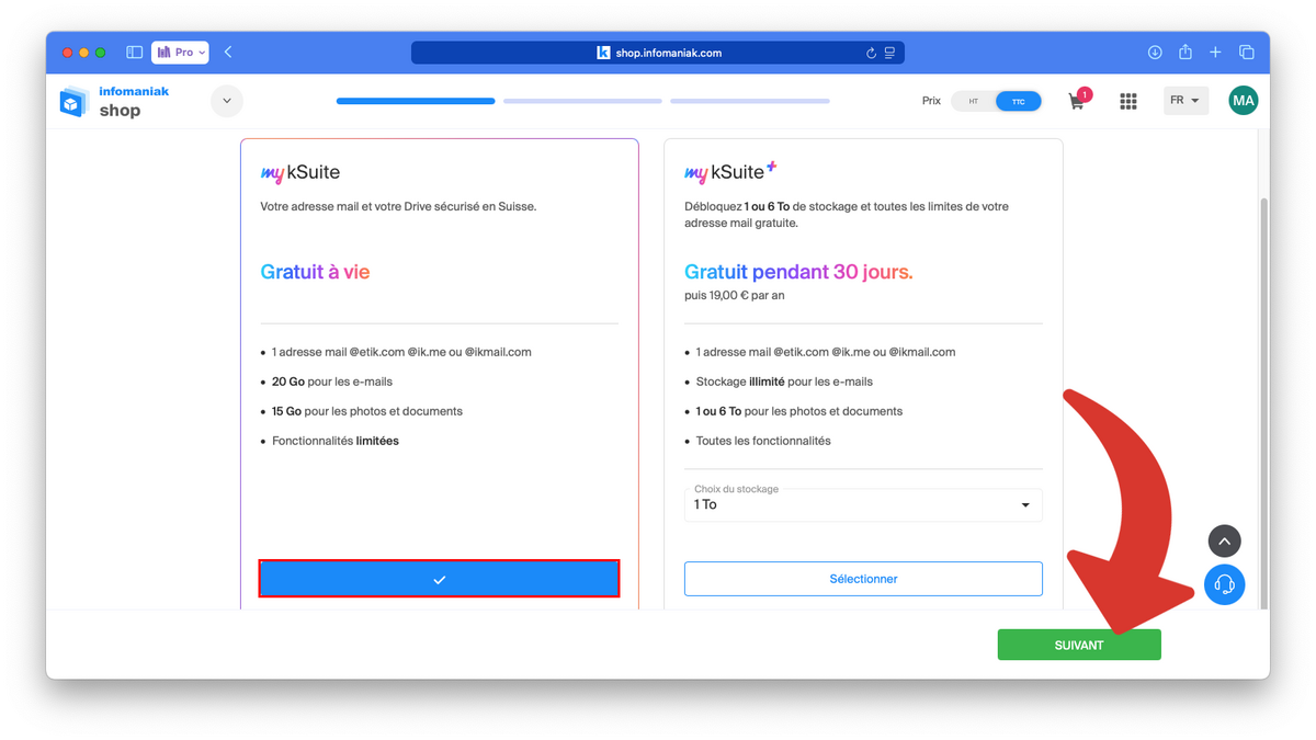 Choisir l'offre gratuite (ou payante) de my kSuite © Clubic