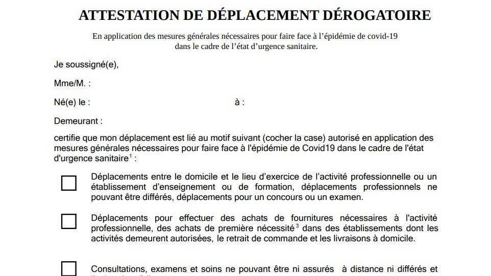 Aperçu de l'attestation de déplacement dérogatoire