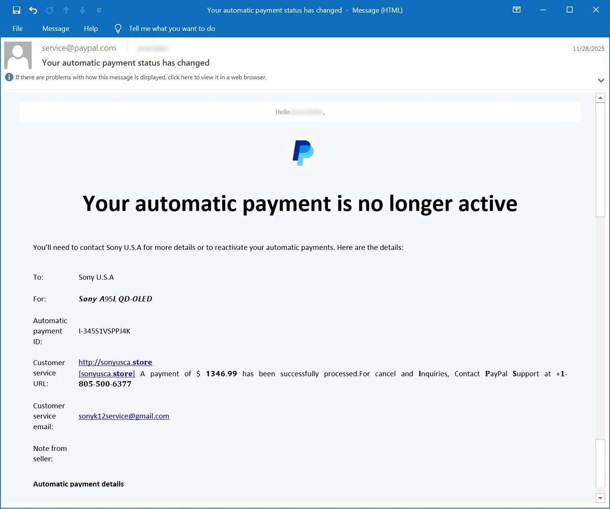 Le mail frauduleux est bien envoyé par PayPal et techniquement irréprochable, mais il a été détourné par des escrocs pour inciter les victimes à contacter un faux service client. © Bleeping Computer