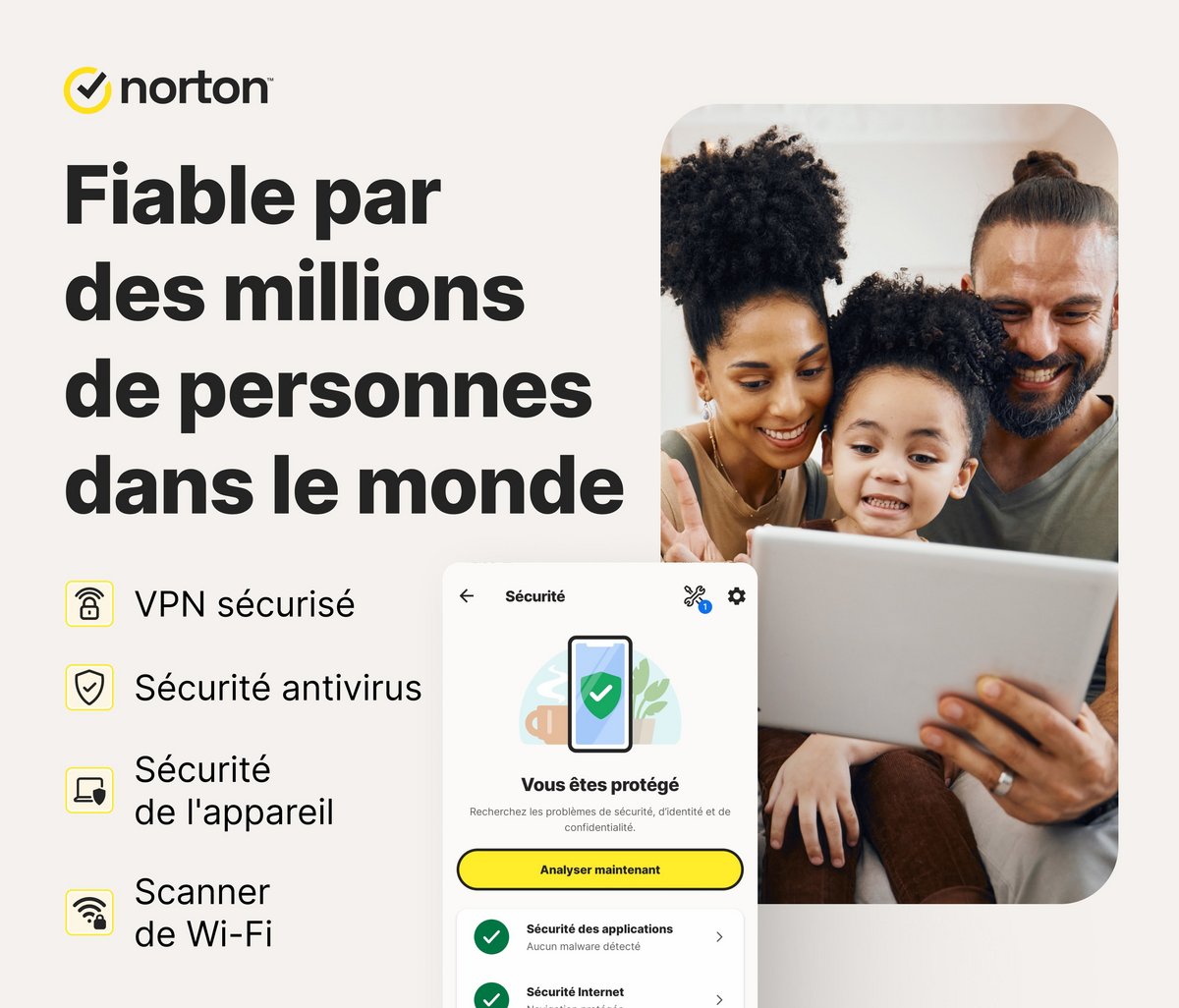 Norton 360 offre un tableau de bord clair pour protéger vos appareils et chiffrer vos connexions via son VPN intégré. © Naïm BADA pour Clubic
