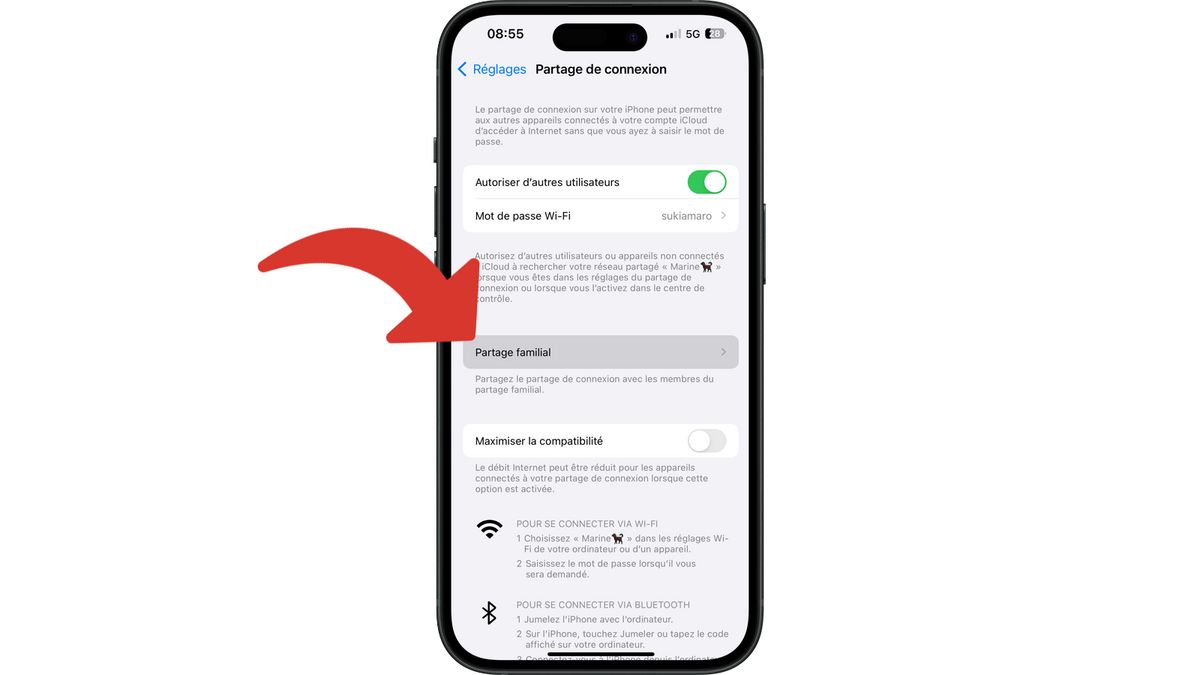 Accéder aux réglages du partage familial concernant le partage de connexion © Clubic