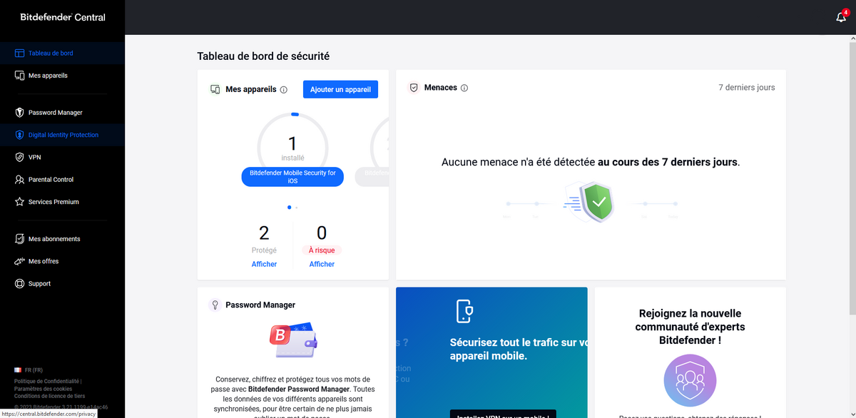 Bitdefender Central - Tableau de bord