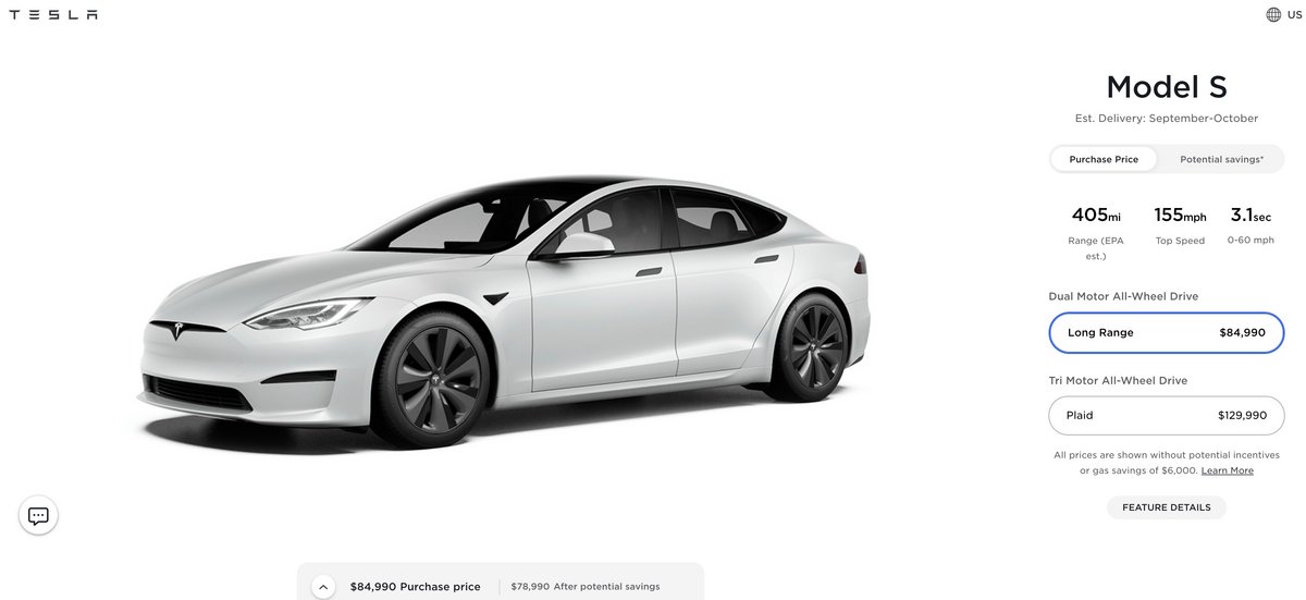 Le Model S s'affiche désormais à 84 990$ sur le site américain © Electrek