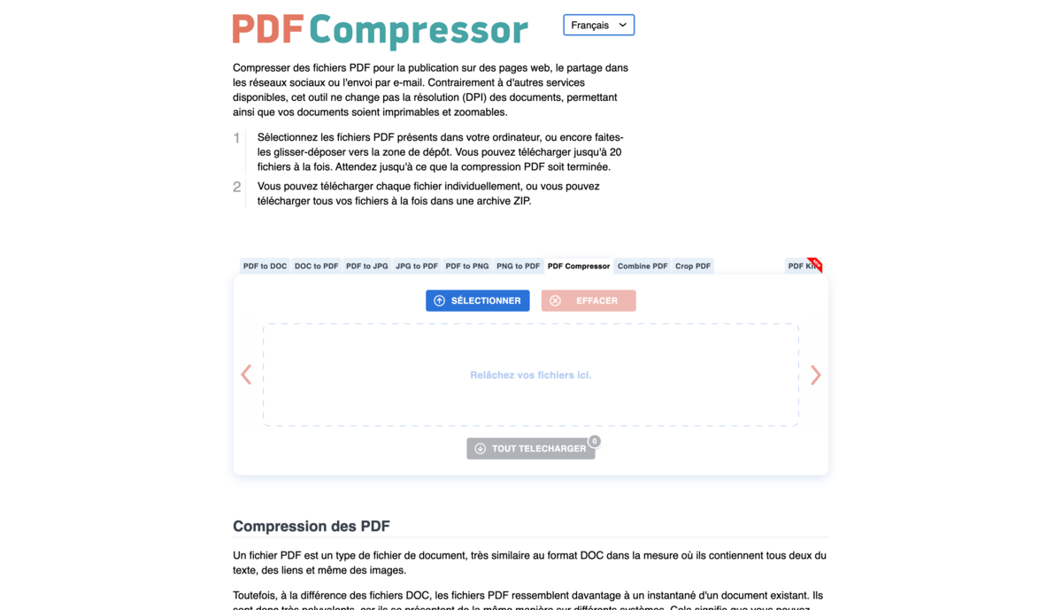 Interface principale de PDF Compressor avec des options pour sélectionner et télécharger des fichiers PDF à compresser.