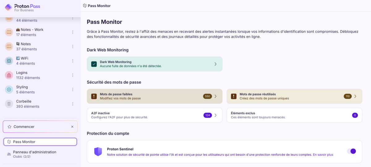 Proton Pass for Business surveille en temps réel les fuites de données et vous alerte en cas de mot de passe compromis. © Clubic
