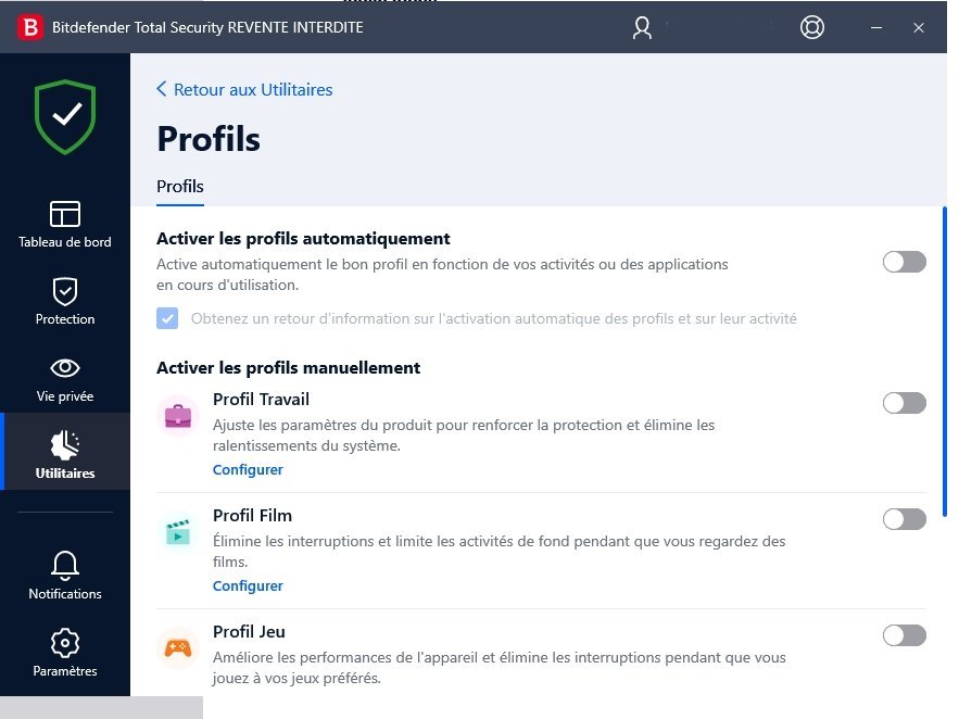 Bitdefender Total Security - Configuration des Profils
