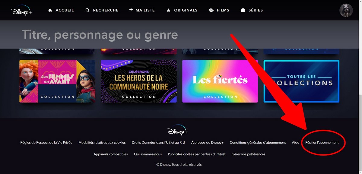 Sur Disney+, bon élève en la matière, un bouton "Résilier l'abonnement" apparaît sur toutes les pages, mais il n'est pour l'instant pas cliquable © Capture d'écran Alexandre Boero pour Clubic