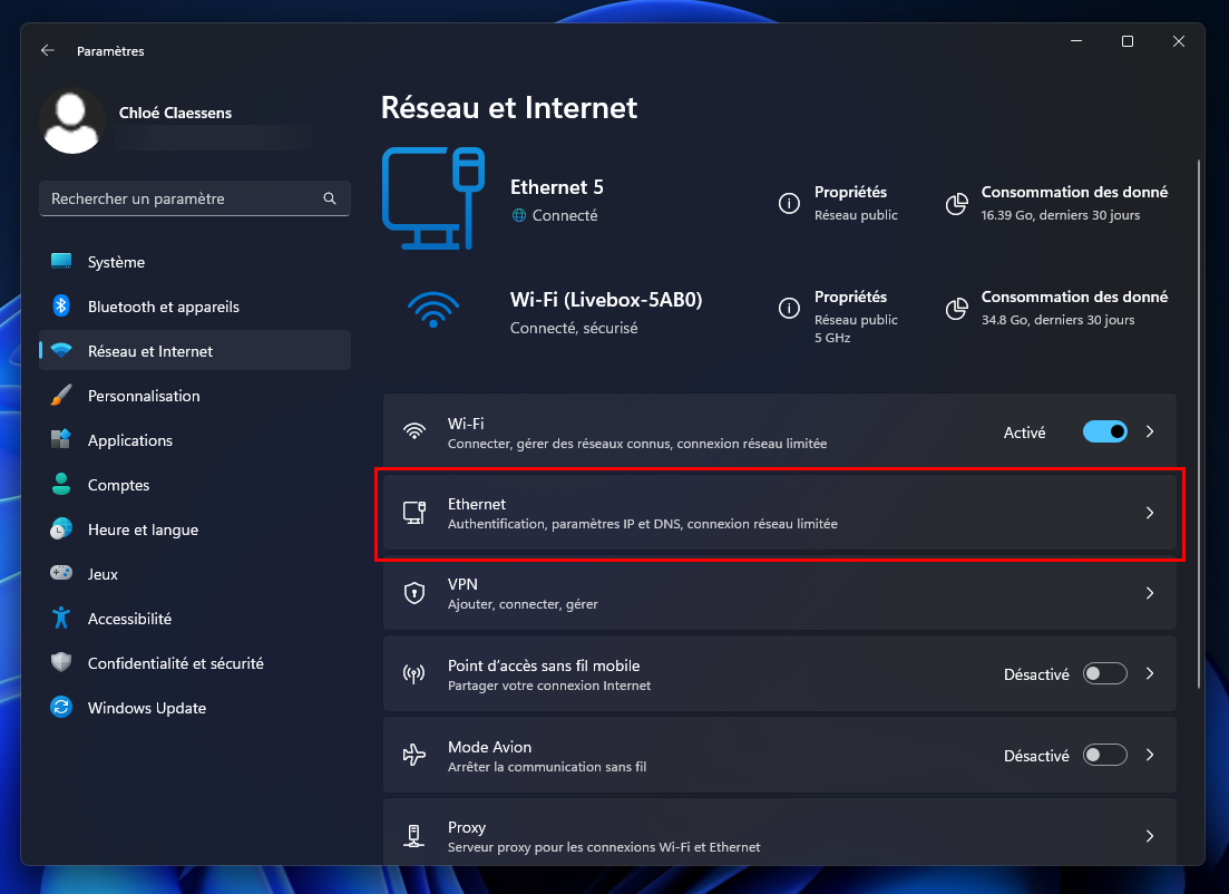 Windows 11 - Câble Ethernet