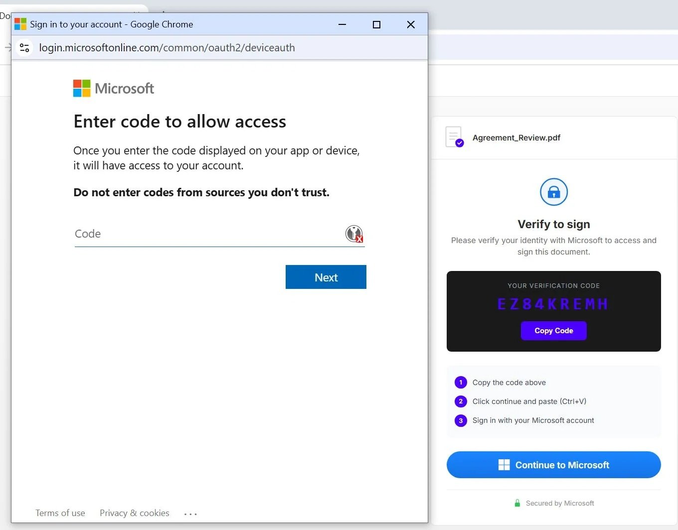 Les attaquants génèrent eux-mêmes un code d'authentification et poussent les victimes à le saisir sur le portail de connexion officiel de Microsoft 365. © Huntress