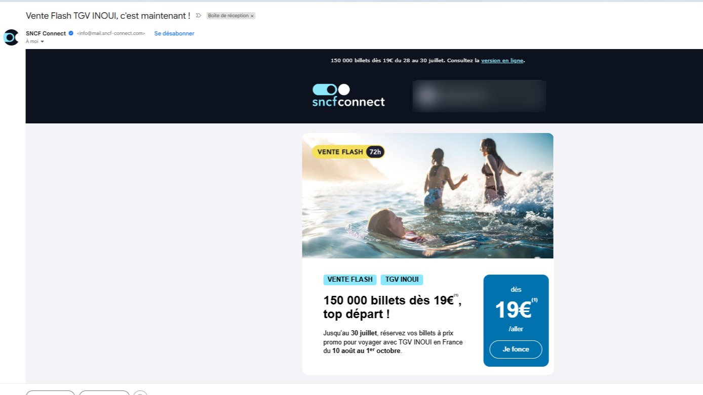 Capture d'écran de l'un des e-mails envoyés depuis ce matin par la SNCF. © Alexandre Boero / Clubic