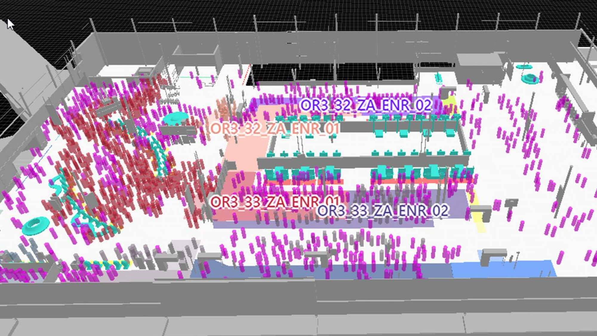 La technologie LiDAR permet de suivre en temps réel tous les passagers, représentés ici par les petits points colorés. © Outsight