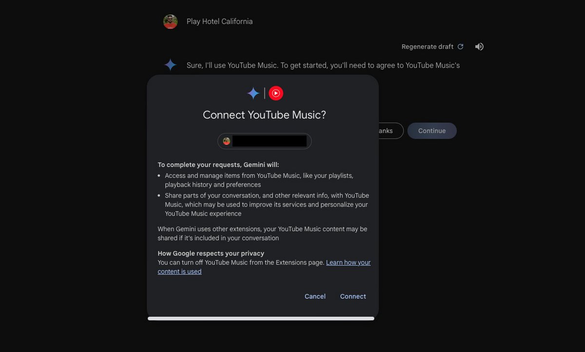 La connection à YouTube Music depuis Gemini © Neowin