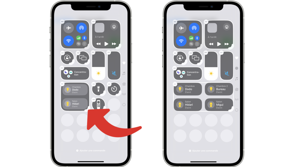 Redimenssionner une commande pour personnaliser le Centre de contrôle de l'iPhone sous iOS 17 © Clubic