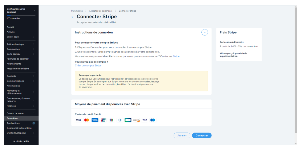 Wix - Connection avec Stripe