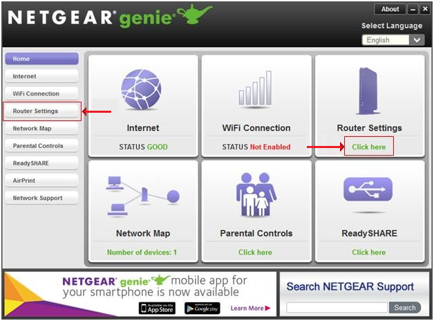 Interface principale de Netgear Genie sur PC, affichant l’état du réseau (Internet, Wi-Fi), la carte des appareils connectés, les contrôles parentaux et l’accès rapide aux paramètres du routeur. - © Netgear Genie