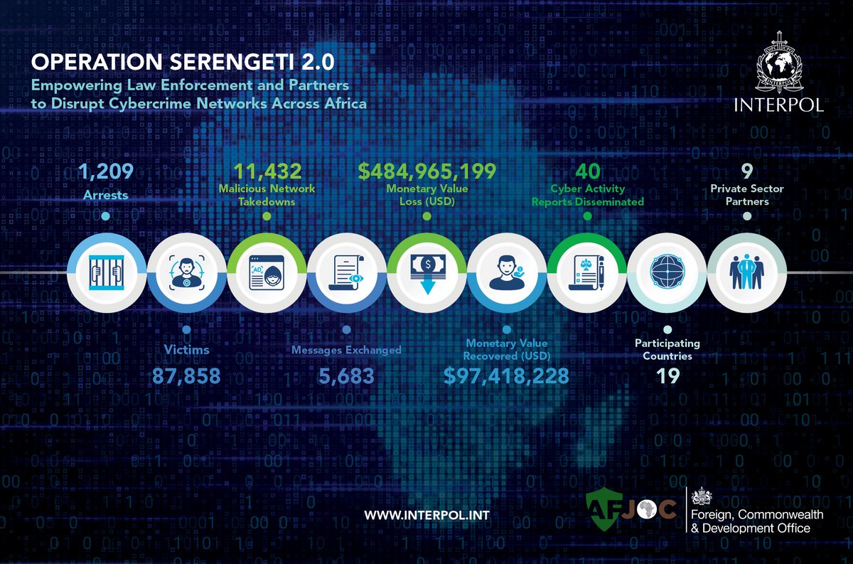 88 000 victimes, 97 millions de dollars récupérés, 11 000 serveurs saisis : l'opération Serengeti 2.0 impressionne par son ampleur. © Interpol 