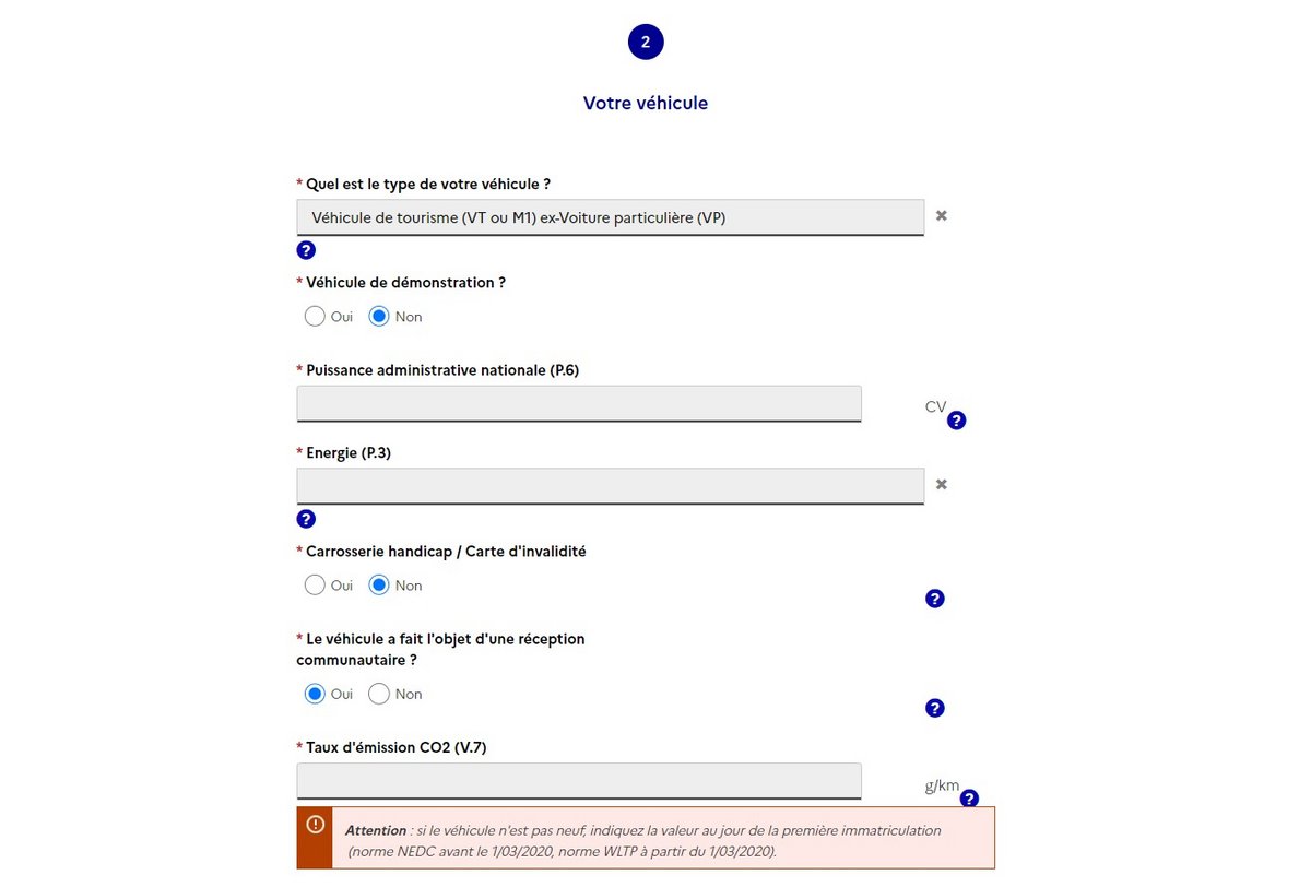 Quelques-unes des informations demandées si vous voulez connaître le coût de votre carte grise en cas d'achat d'un véhicule neuf © Capture d'écran Clubic