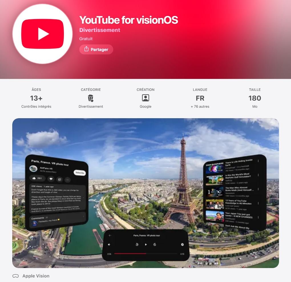 On ne l'attendait plus, YouTube est arrivé sur VisionOS ! ©Capture d'écran AppStore