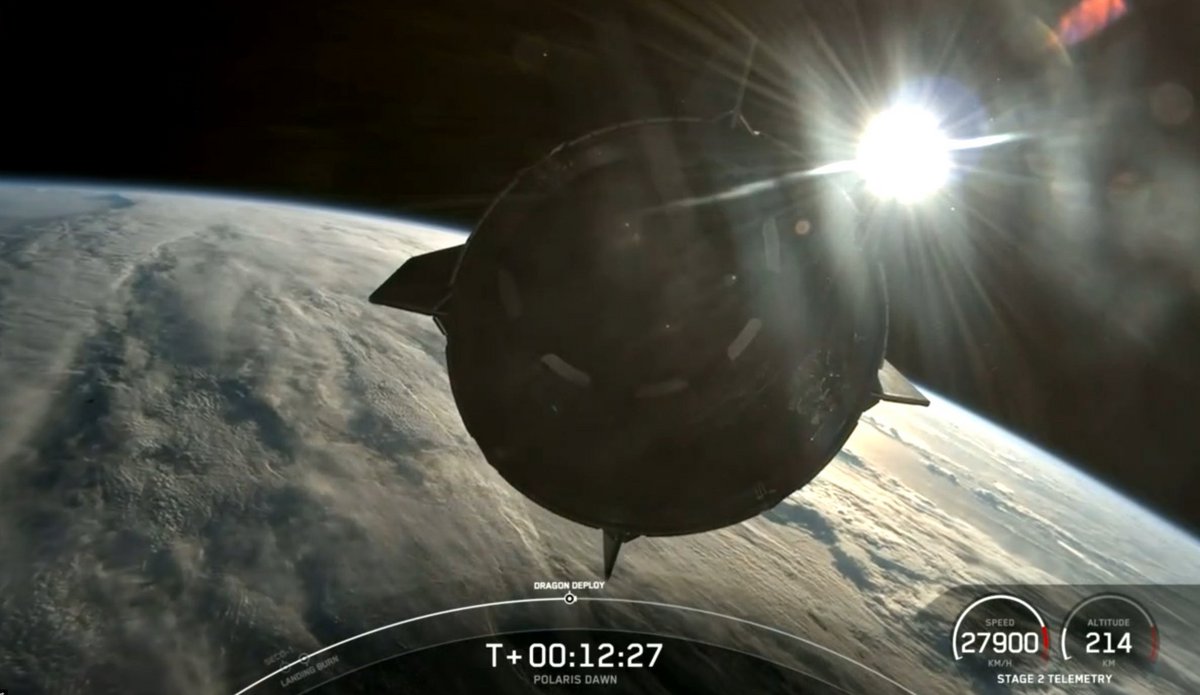 C'est l'aube pour la mission Polaris Dawn, juste après l'éjection de la capsule. © SpaceX