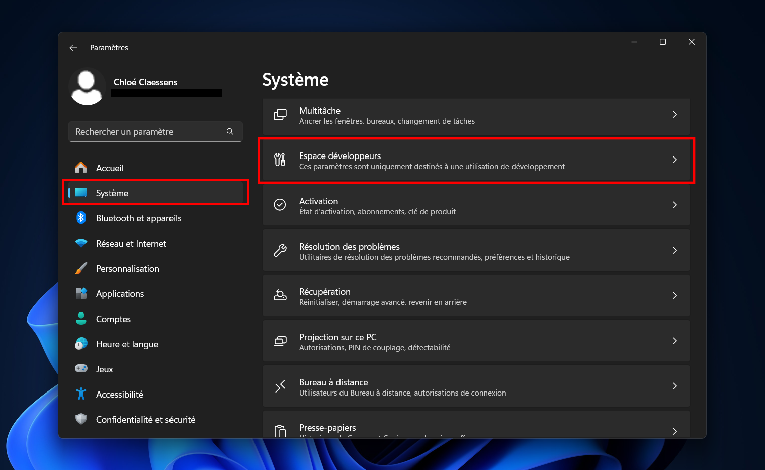 Rendez-vous dans les paramètres système de Windows 11 pour accéder aux options développeurs. © Clubic