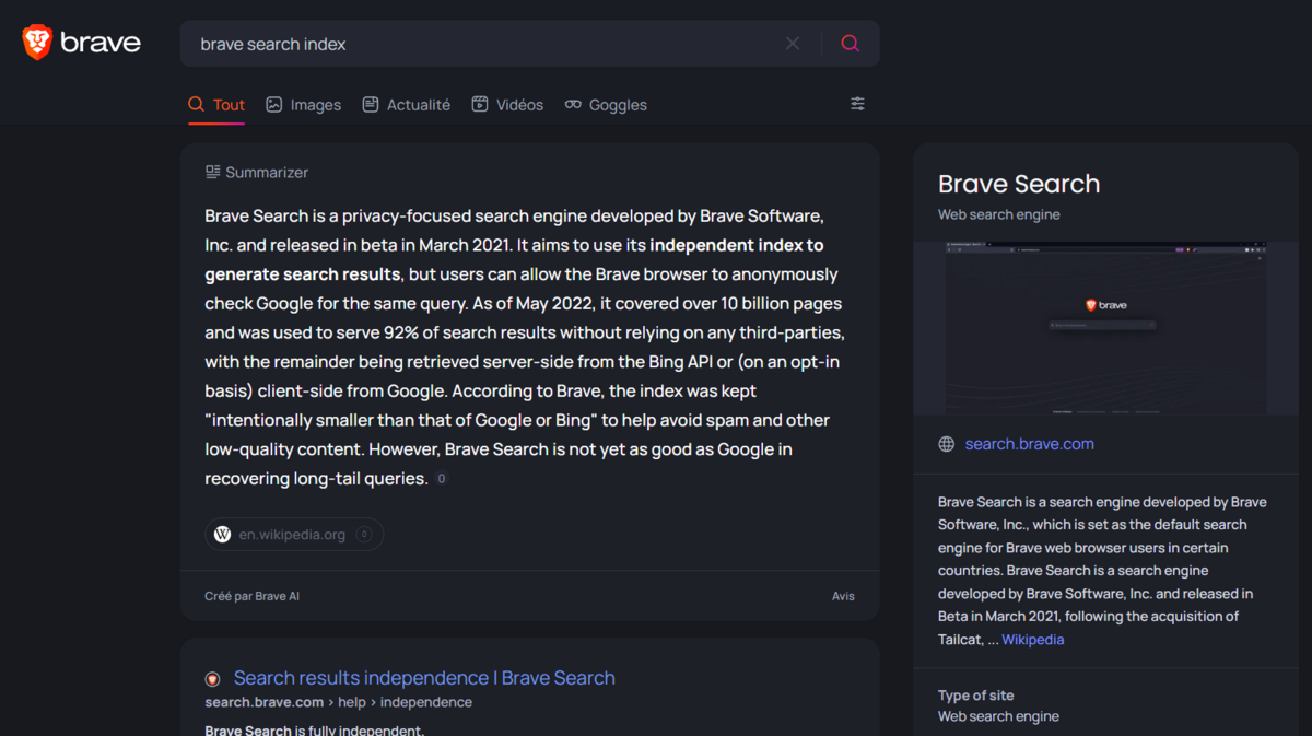 Brave - Summarizer utilise l'intelligence artificelle pour répondre à la requête de l'internaute