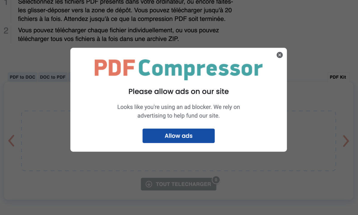 Message d'encouragement à désactiver les bloqueurs de publicité pour soutenir PDF Compressor.