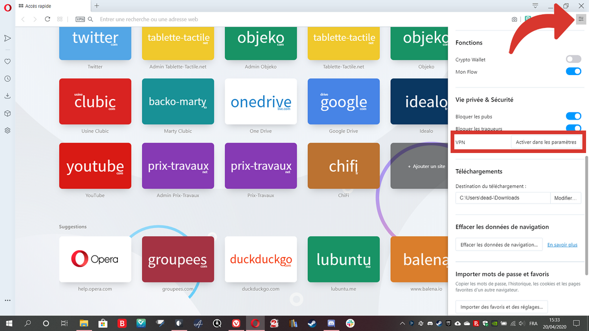 Activer VPN Opera 2,1