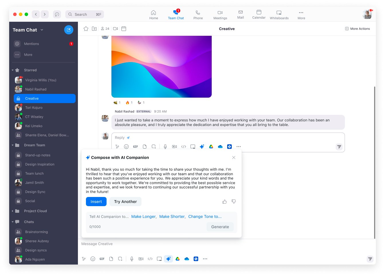 AI Companion peut aider l'utilisateur à composer un message sur le chat de Zoom © Zoom