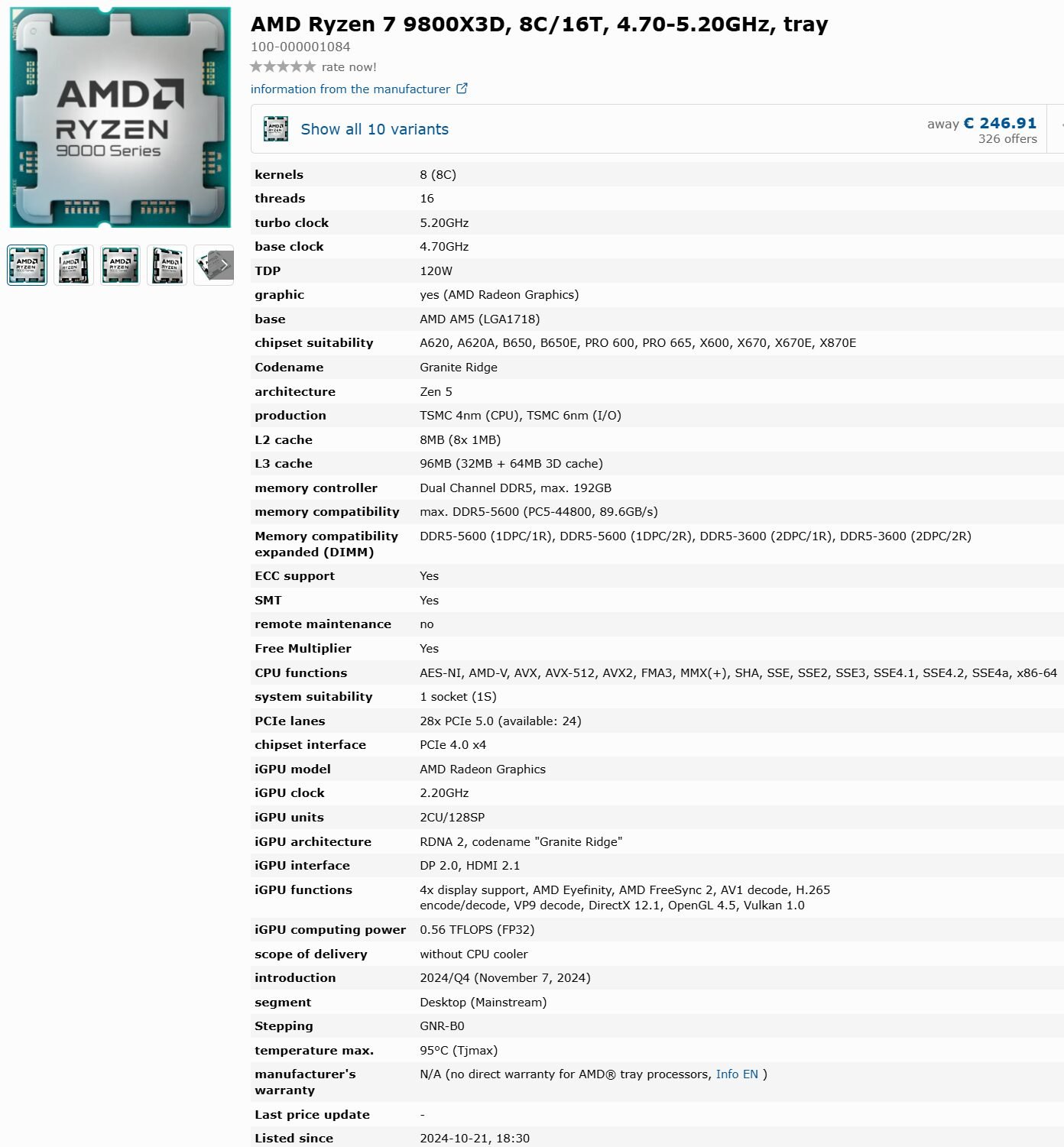 Fiche détaillée de l'AMD Ryzen 7 9800X3D © VideoCardz