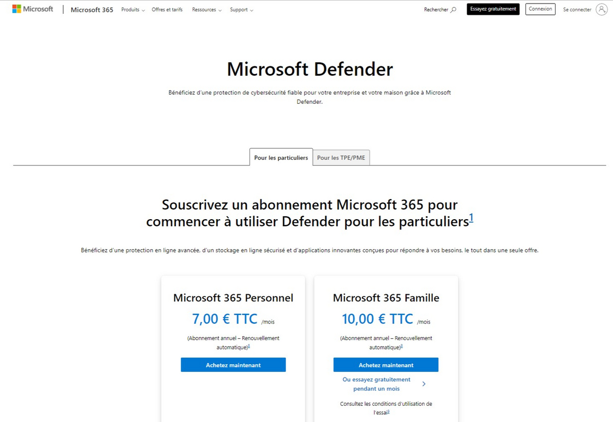 Plans payants de Windows Defender pour les particuliers avec Office 365