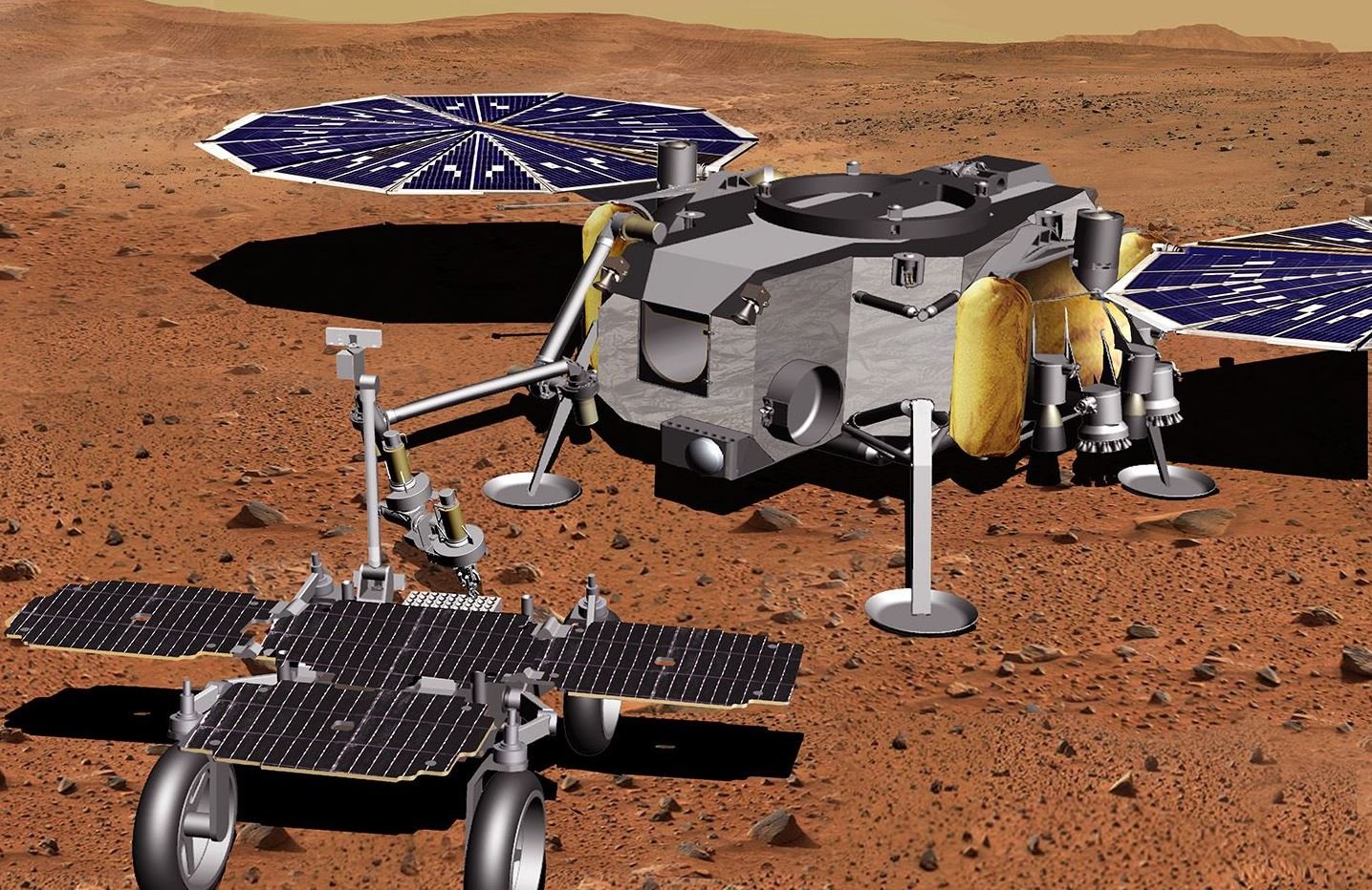 Dans ce grand véhicule qui servira de plateforme d'atterrissage, se trouvera une petite fusée en plus... Crédits NASA/JPL-Caltech