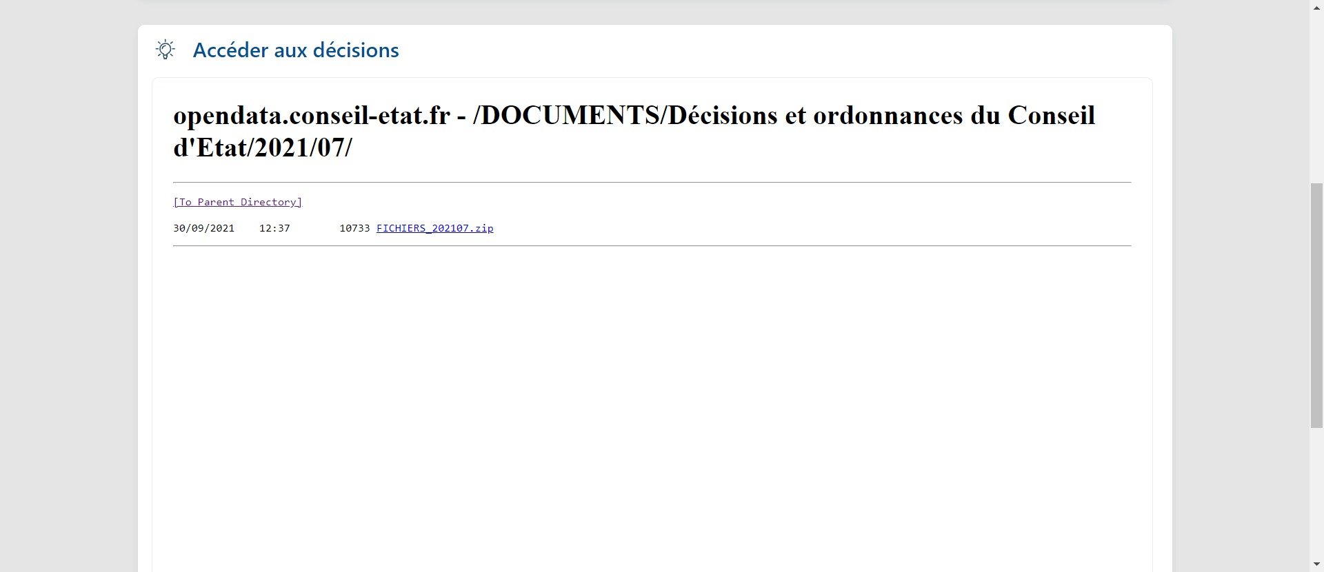 En attendant de s'améliorer dans la forme, voici à quoi ressemble la plateforme aujourd'hui, avec ici un exemple d'une liste de décisions téléchargeables au format XML (© Capture d'écran Clubic)