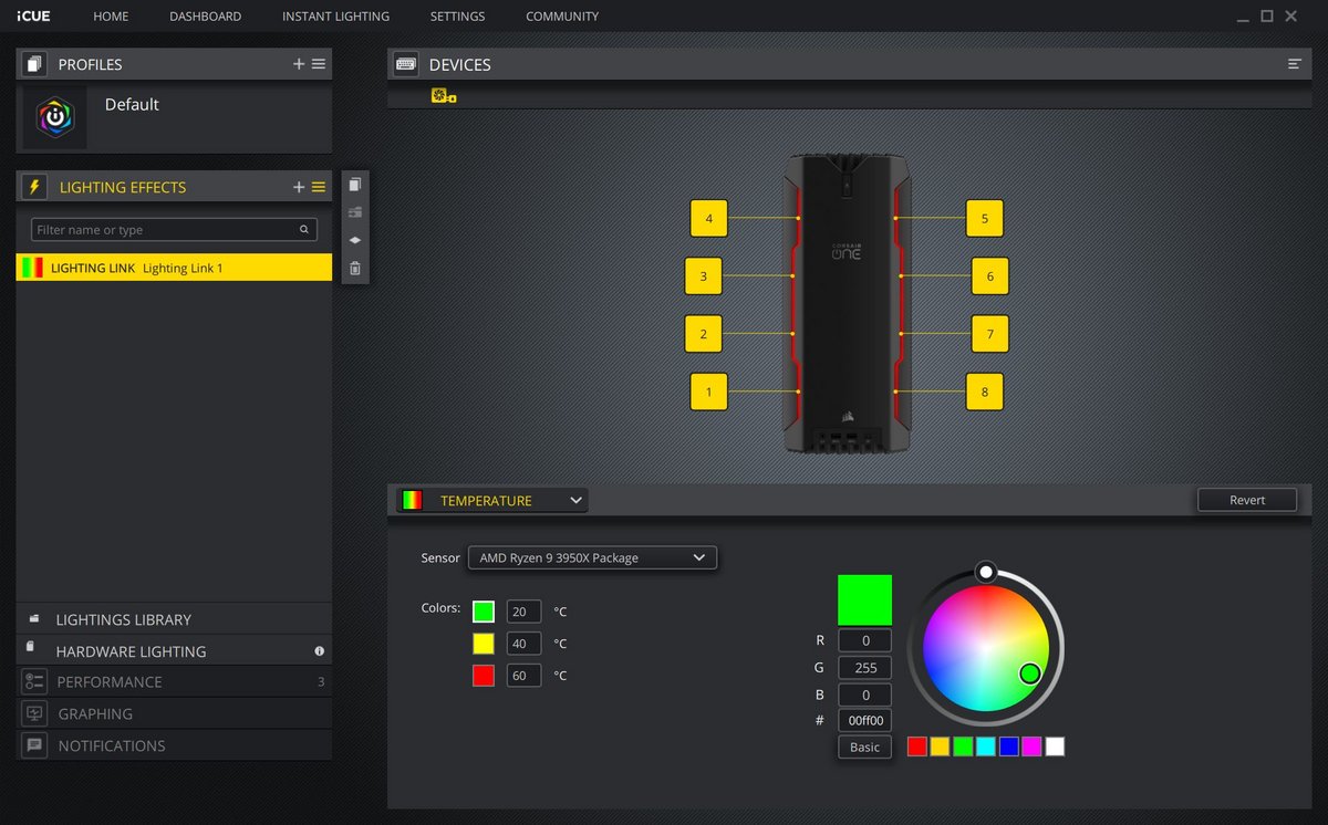 iCUE ici configuré pour que les LED réagissent à la température du CPU © Nerces pour Clubic