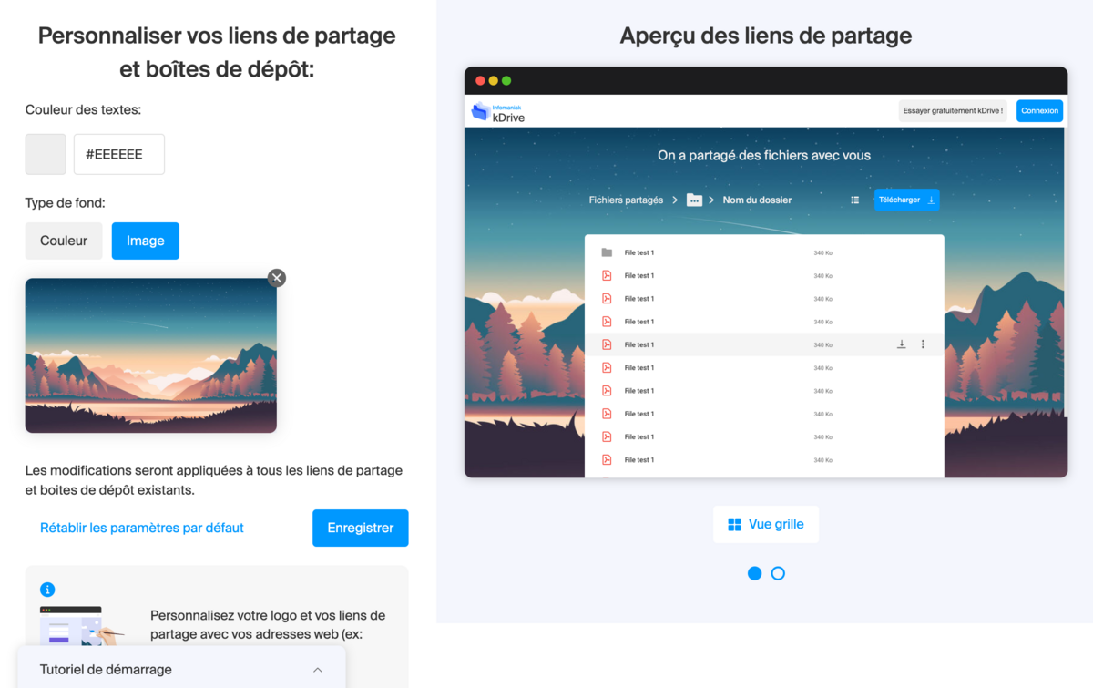 Infomaniak kDrive - Personnalisation des lien de partage et drop box