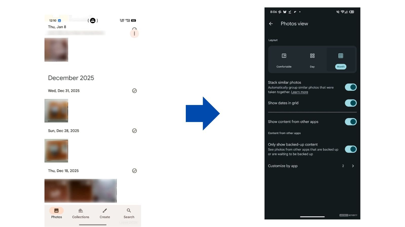 Masquez les dates dans la vue Photos. ©Google