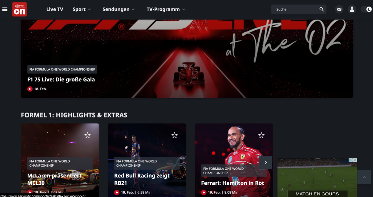 La plateforme autrichienne ServusTV On permet de visionner le Championnat du monde de F1 2025 en ligne © ServusTV