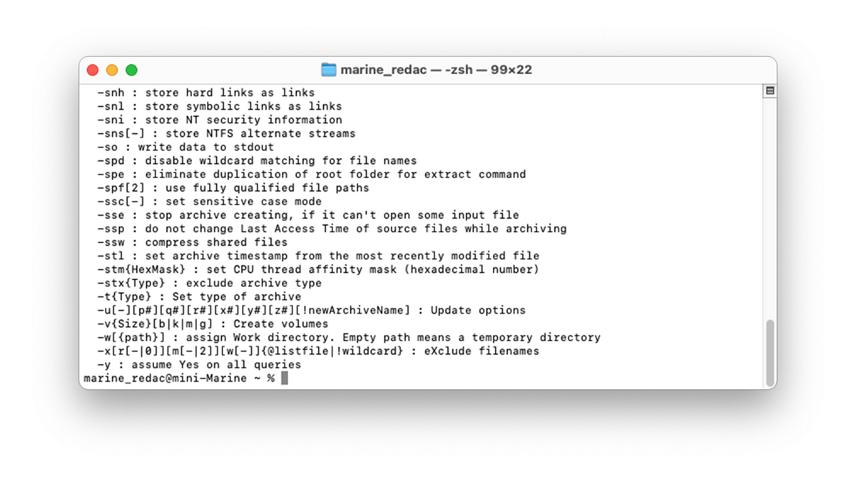 La liste des commandes de 7-Zip sur Mac apparait, l'installation et le nouvel emplacement sont une réussite © Clubic