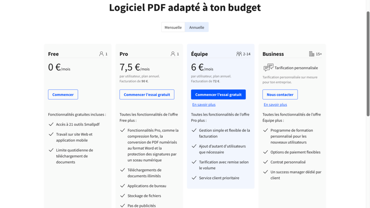 Choisir un tarif d'offre SmallPDF premium