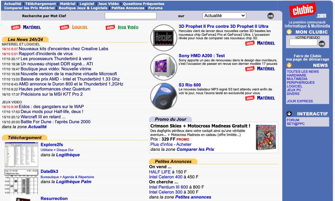 La première homepage de Clubic. Attention ! Warcraft III va avoir du retard... ©Clubic